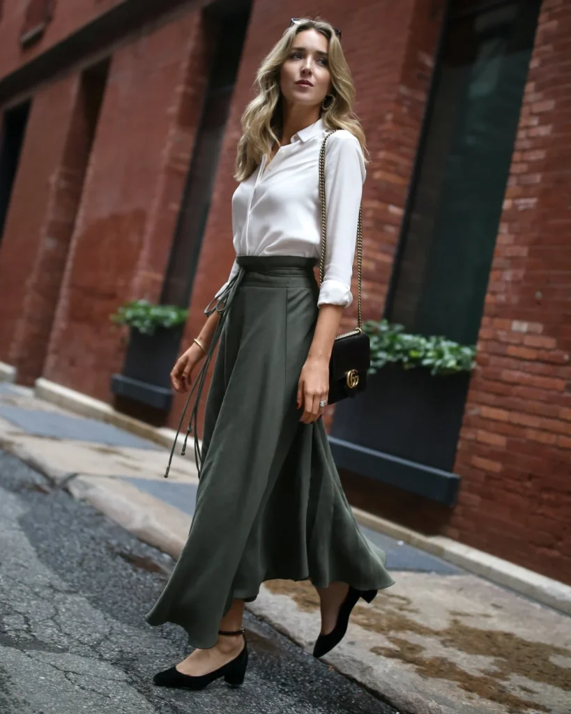 Midi Skirt and Silk Blouse