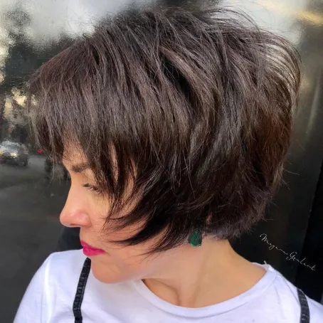  Short Chocolate Bob with Feathered Layers