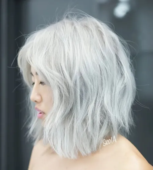 Silver Lob with Curtain Bangs and Layers