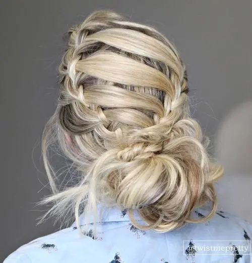 13. Waterfall Crown Braid with Messy Bun