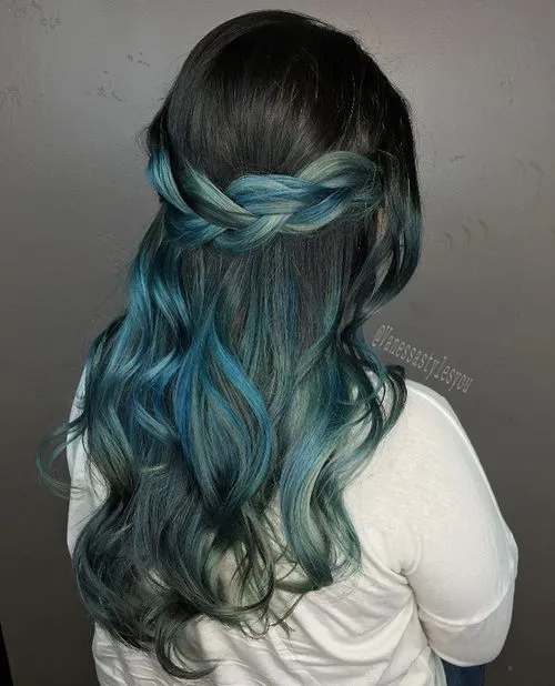 5. Blue Balayage on Black Hair
