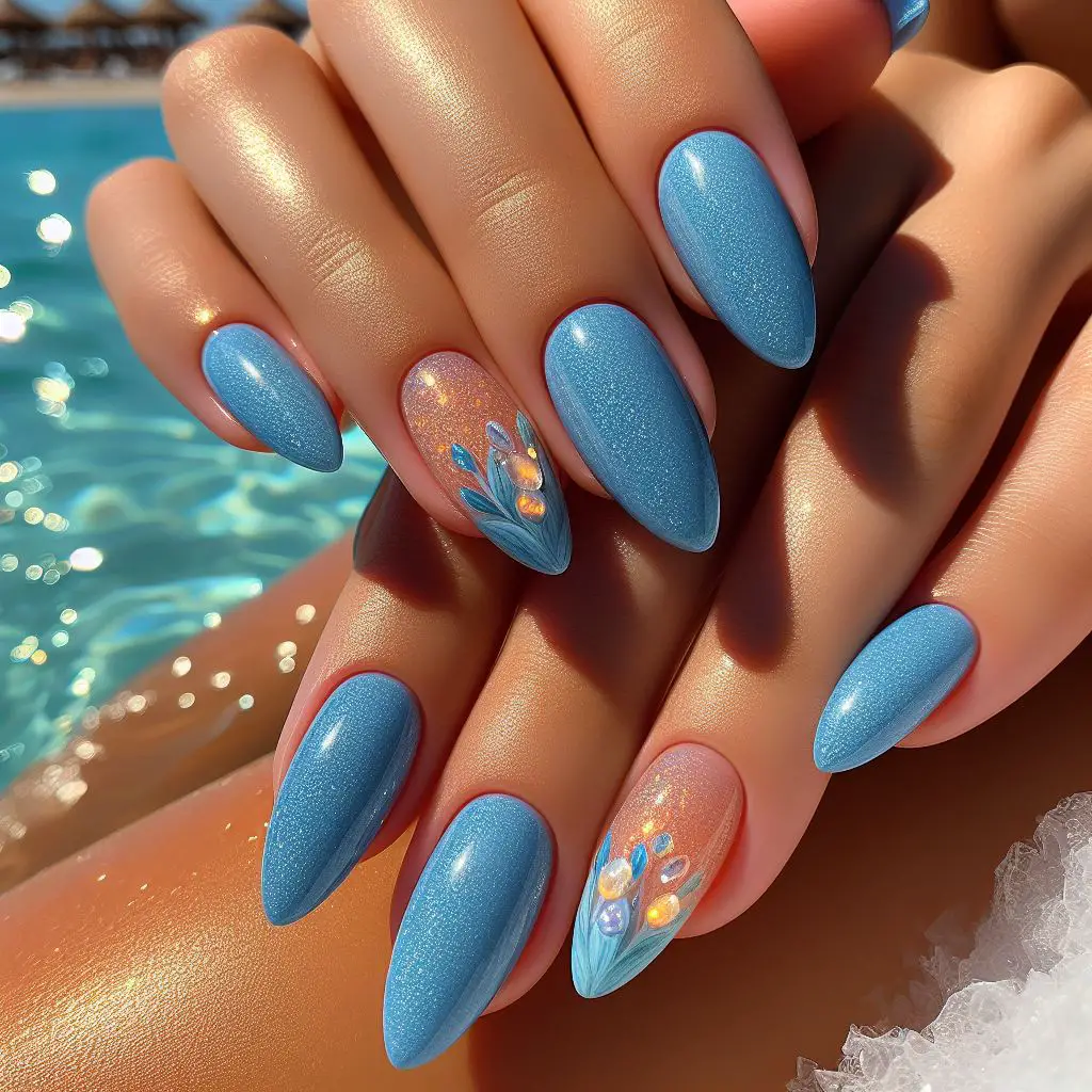 8. Glistening Poolside Blue Nails