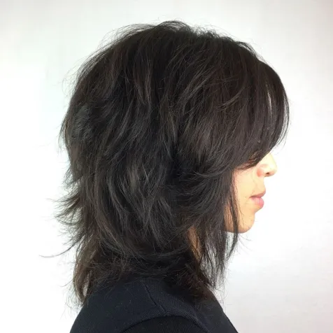 Feathered Black Shag with Side Bangs