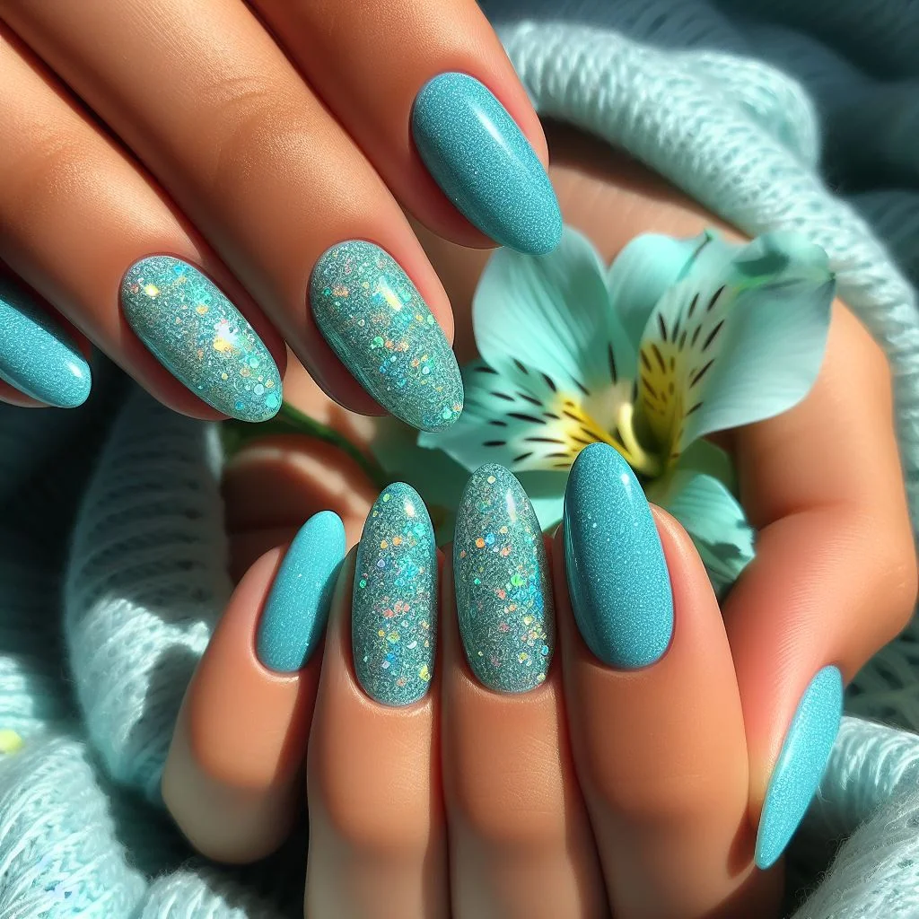  Aqua Marine Sparkle Nails