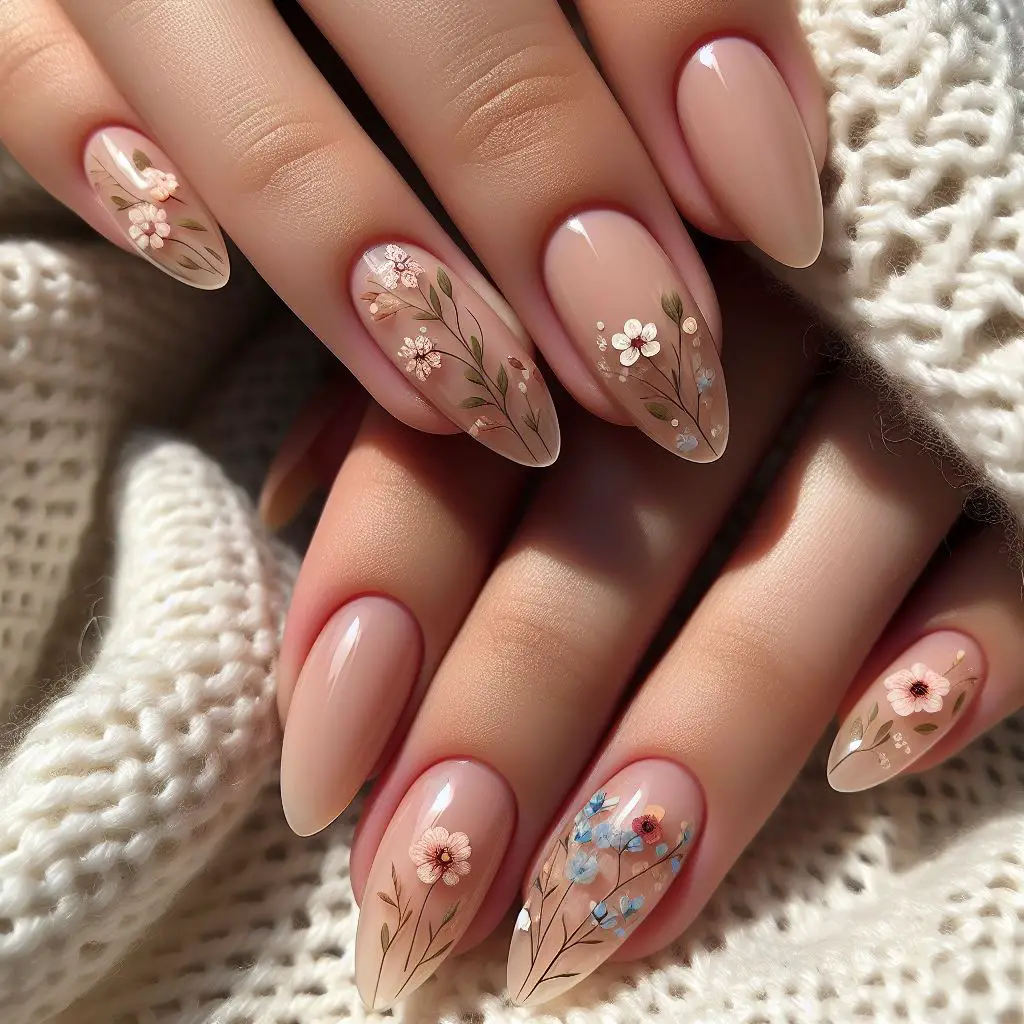 Floral Accents on Sheer Base Nails