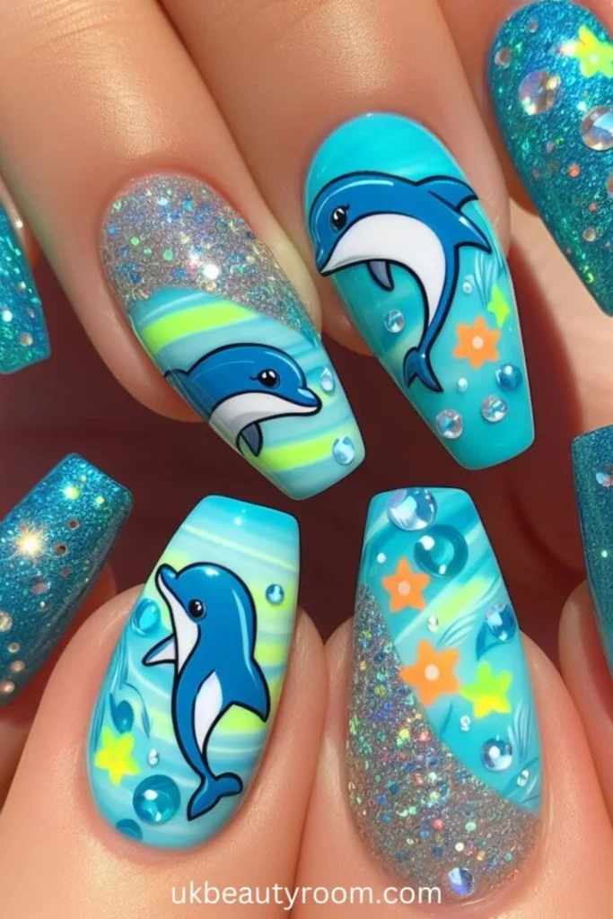 sparkling dolphins nails