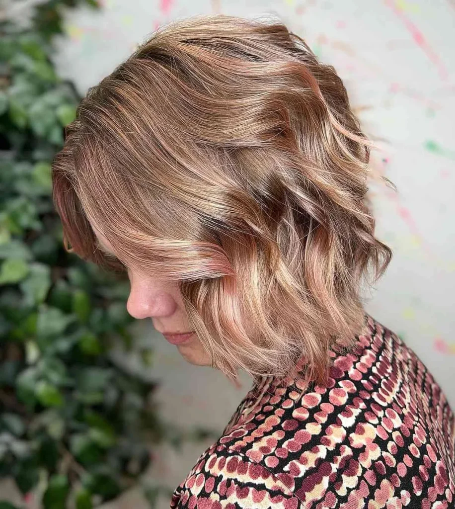 Wavy Short Bob with Rose Gold Highlights