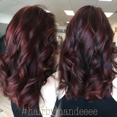 2. Dark Chocolate Hair with Burgundy Balayage
