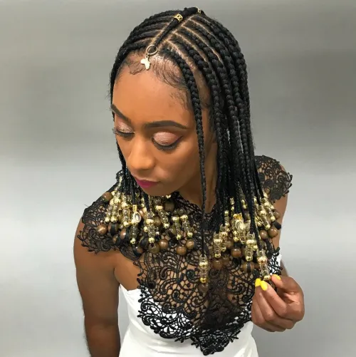 13. Cleopatra-Style Natural Braids with Beads
