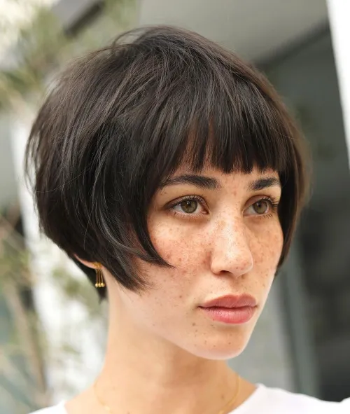 15. Short Layered Bob with Blunt Bangs
