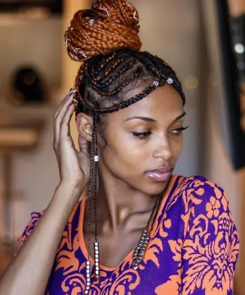 5. Two-Toned Fulani Braids in a Top Bun
