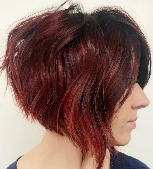 5. Angled Bob with Red Highlights and Lowlights
