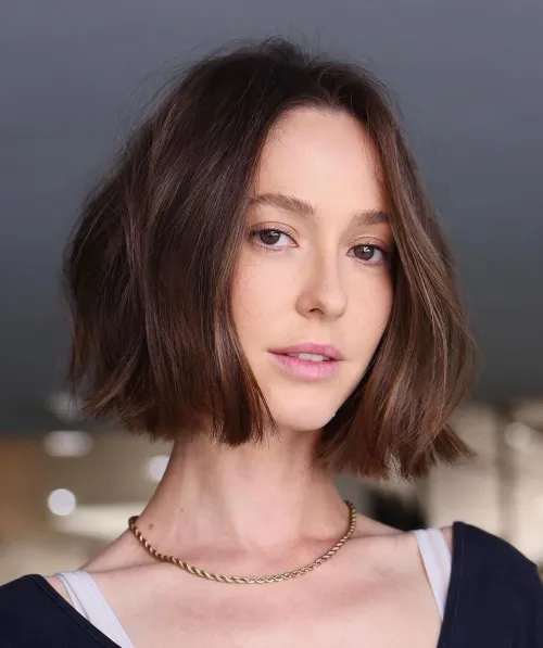 2. Chin-Length Bob with Blunt Ends
