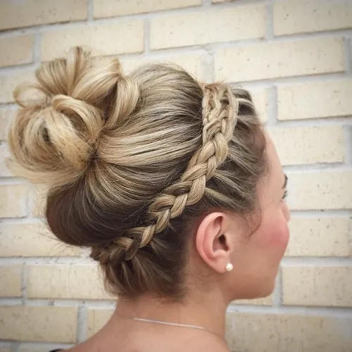 7. Braided Headband with Messy Bun
