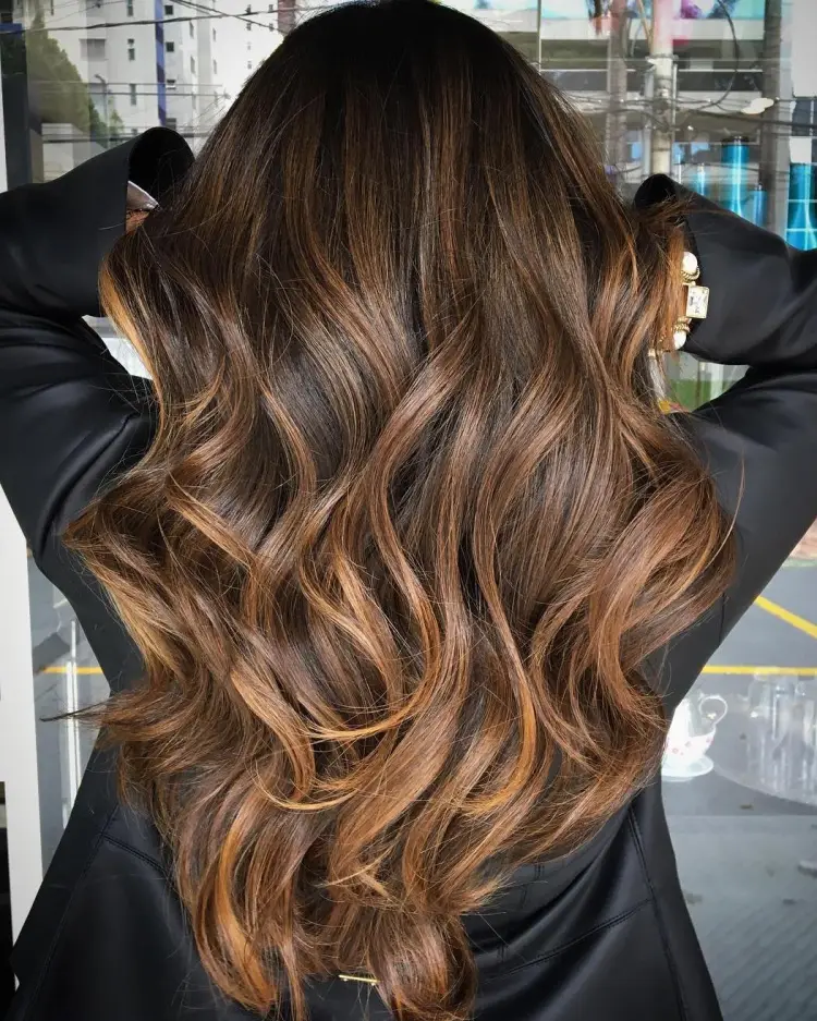 1. Long Waves with Warm Caramel Balayage
