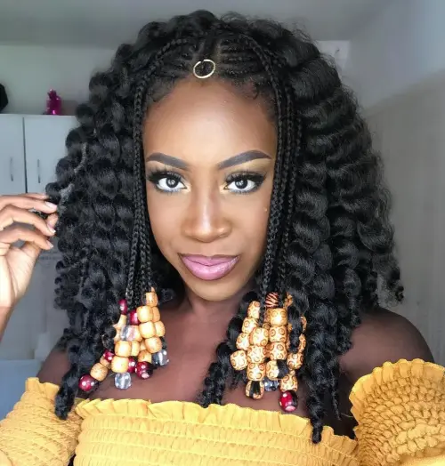 9. Shoulder-Length Loose Curls with Beaded Mini-Fulani Braids
