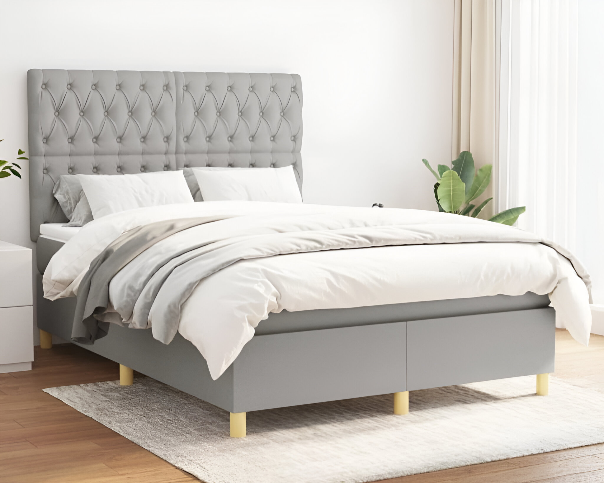 Box Spring Bed with Mattress – Light Gray Full Fabric