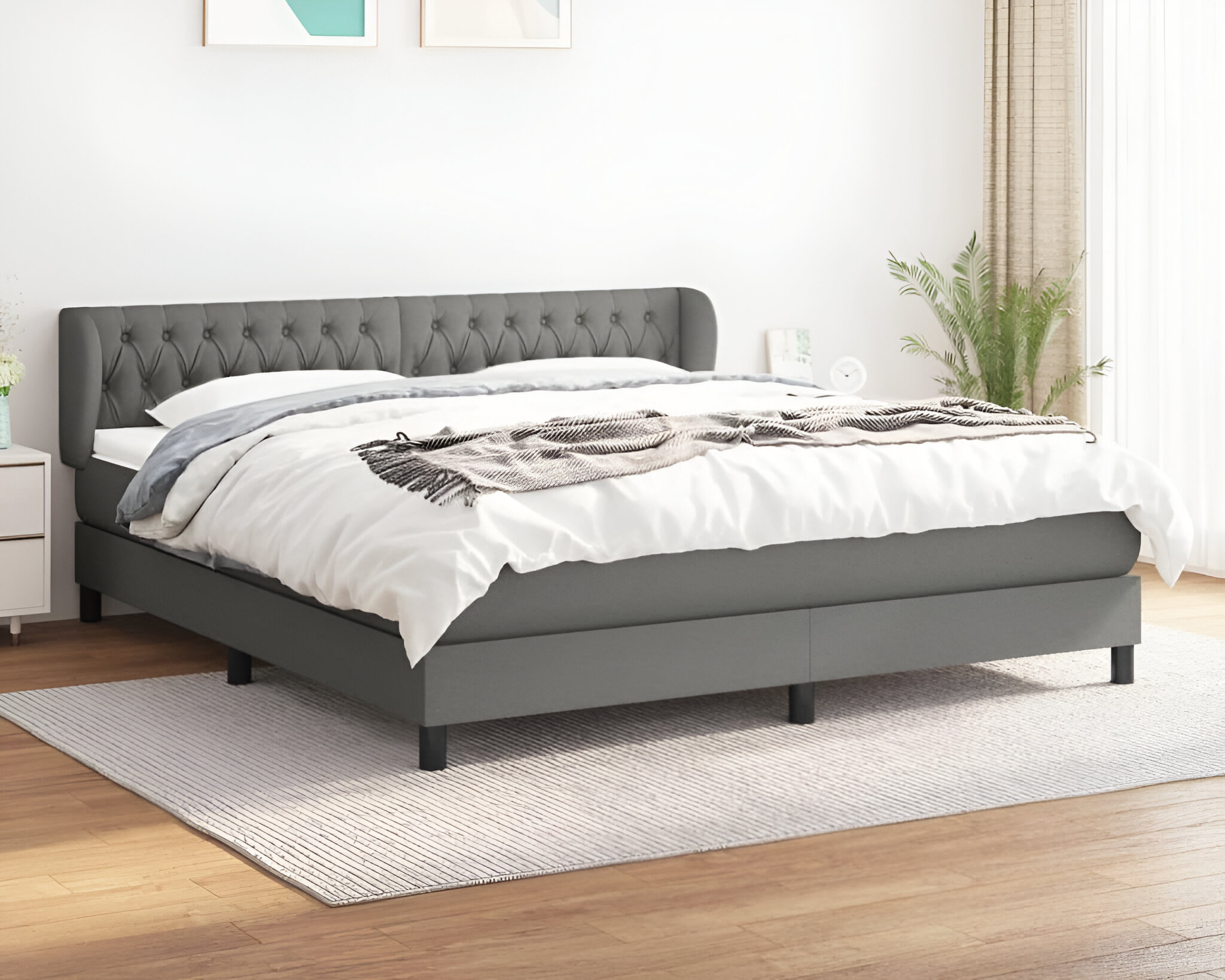 Box Spring Bed with Mattress – Dark Gray California King Fabric