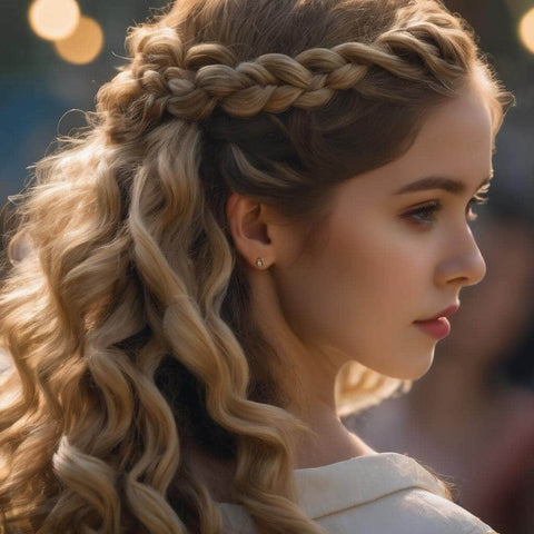 Half-Up Braided Crown with Loose Curls